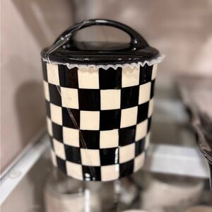 Black and Cream Checkered Ceramic Canister with Lid